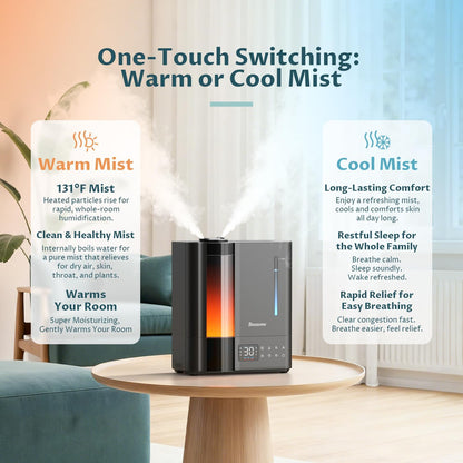 BREEZOME 8L Warm & Cool Mist Humidifier for Large Room 25dB 60H Runtime | Top Fill, 7-Color Mood Light, Smart Auto Humidistat, Essential Oil Tray, Safe Child Lock, 1-24H Timer for Bedroom Baby Plants