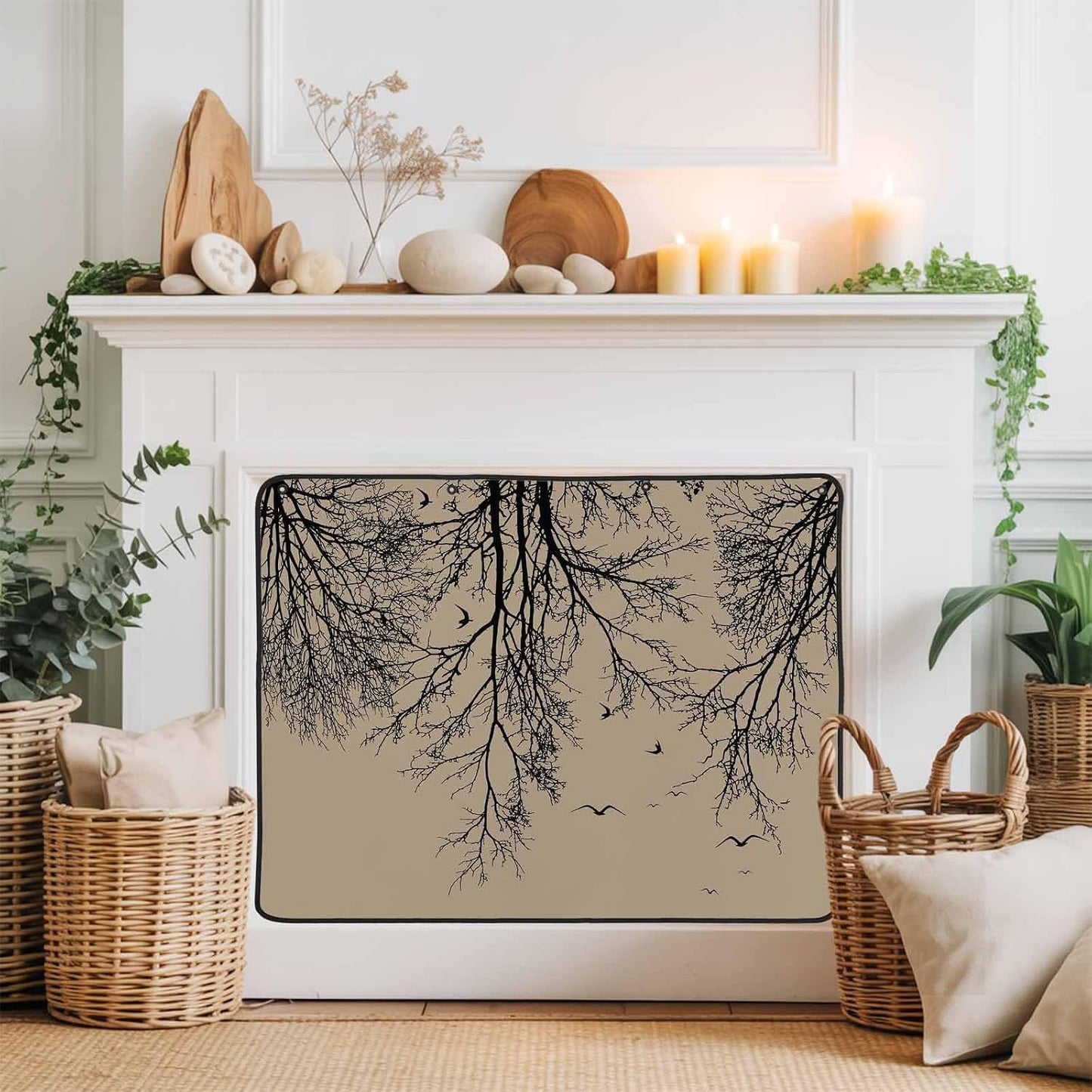 Magnetic Fireplace Cover Tree Branches Bird Fireplace Screen Decorative Brown Black Twigs Deadwood Insulation Fireplace Blocker Save Energy Fireplace Draft Stopper Covers for Living Room 45x34 Inch