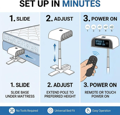 Bed Fan Under Sheets Cooling System with 5 Speeds and Remote | Adjustable Height, for Hot Sleepers, Night Sweats Relief, Remote Included, 5 Speed Settings