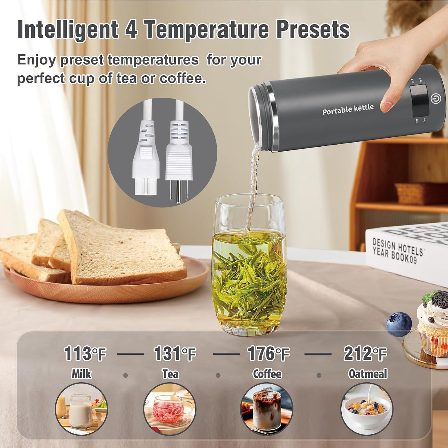 Touxila Portable Electric Kettle for Travel 120V, 13.5oz, 4 Temp Settings | 304 Stainless Steel Lining,Fast Boiling Water,Auto Shut-Off,Boil Dry Protection,Small Kettle for Office & Hotel(Beige, 400ML)