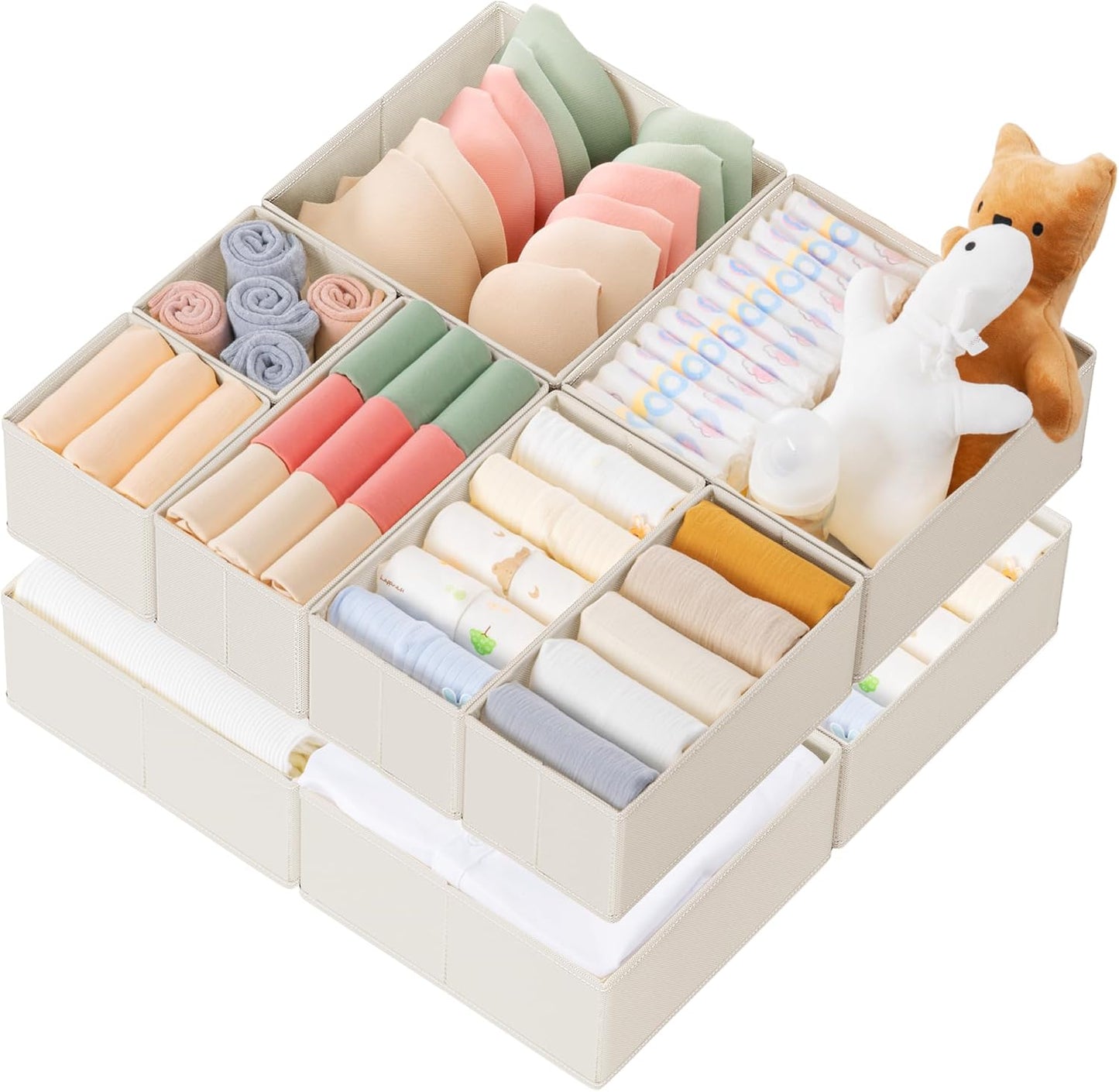 Drawer Organizer Clothes, 10 Pack Dresser Organizer for Baby Clothes, Underwear, Sock- Foldable Closet Organization and Storage Dividers Bins for Nursery, Bedroom (Beige)