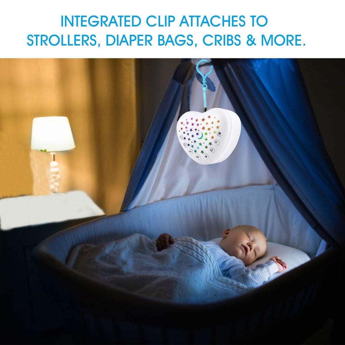 BEREST A13 White Noise Machine & Baby Sleep Soother with 15 Soothing Sounds & Projector Night Light Music Box, Cry Sensor, Rechargeable, Portable for Newborns, Toddlers, Attaches to Crib