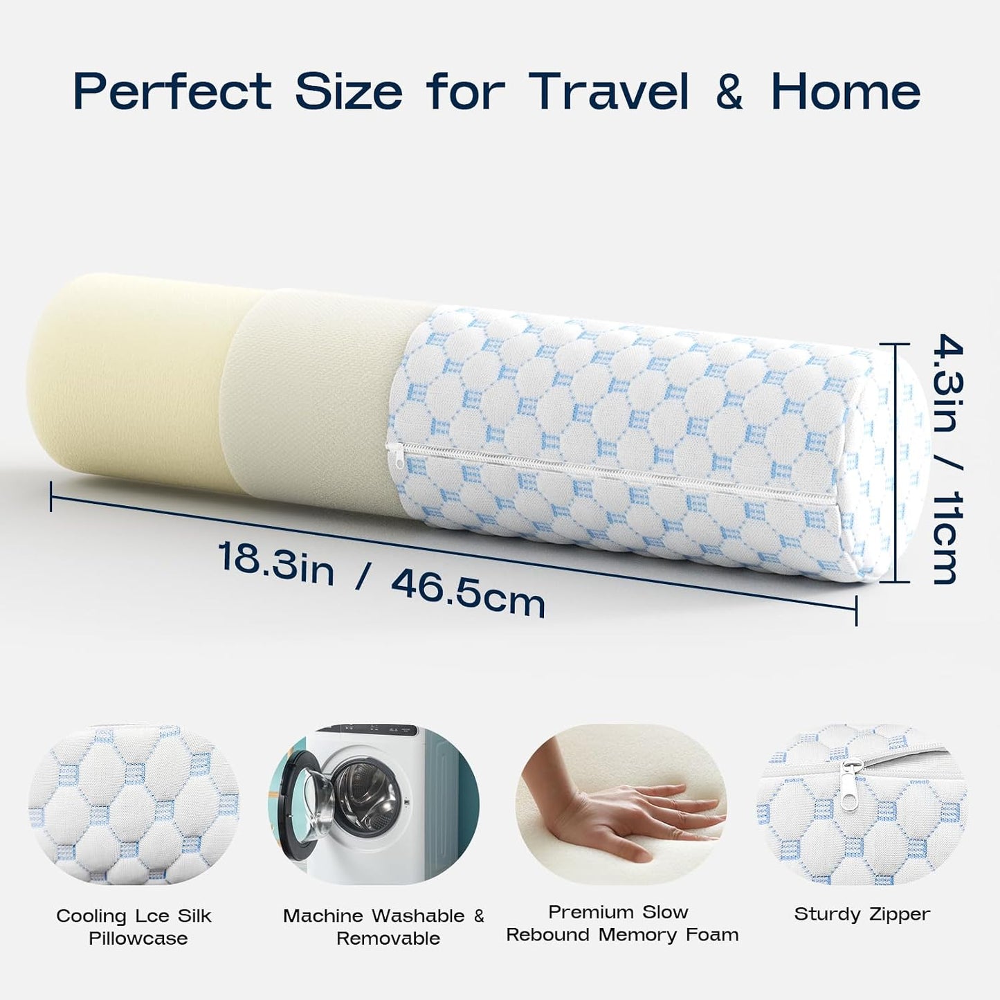 Neck Roll Pillow for Neck Pain Relief - Memory Foam Neck Support Pillow for Bed | Round Neck Pillow for Sleeping, 15.7 * 6 * 6 inch (Cool-Blue)