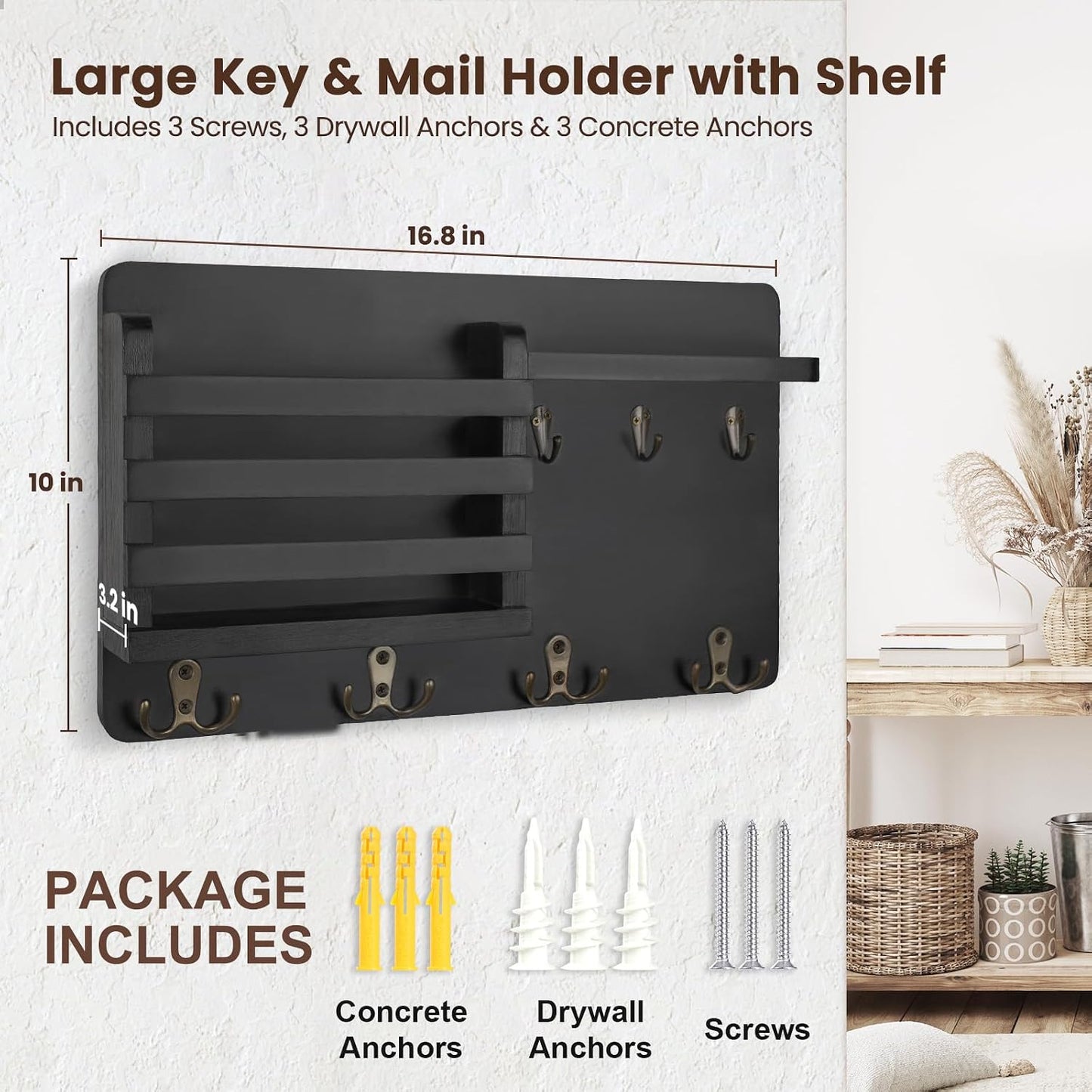 Nekon Mail Holder for Wall, 16.8 Inch Mail Organizer, Black | 16.8Inch x 10Inch x 3.2Inch, Hallway Farmhouse Decor, Storage Racks with Floating Shelf and Flush Mount Hardware