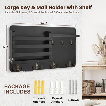 Nekon Mail Holder for Wall, 16.8 Inch Mail Organizer, Black | 16.8Inch x 10Inch x 3.2Inch, Hallway Farmhouse Decor, Storage Racks with Floating Shelf and Flush Mount Hardware
