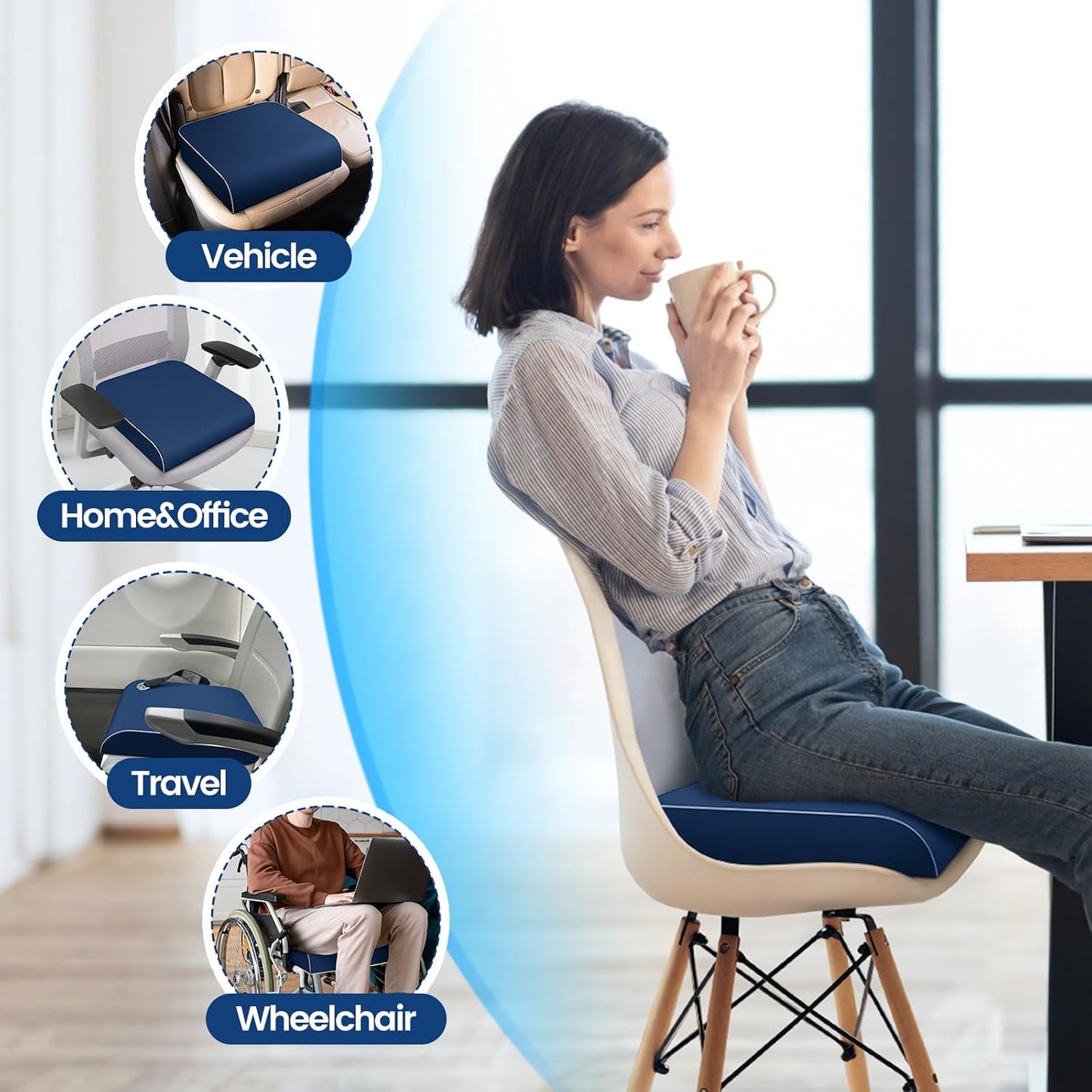 SweetSlubr Seat Cushion, Chair Pad, Memory Foam Large Cushion | Office Chair Cushion for Tailbone Pain Relief, Non-Slip Cover, Soft Support for Office Chair, Car Seat, Airplane,Large/Black