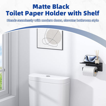 APLusee Matte Black Toilet Paper Holder with Storage Shelf, Wall Mounted | Rustproof 304 Stainless Steel, 2-in-1 Functional Toilet Paper and Phone Storage, Fits Bathroom, Restroom, Vanity, Kitchen