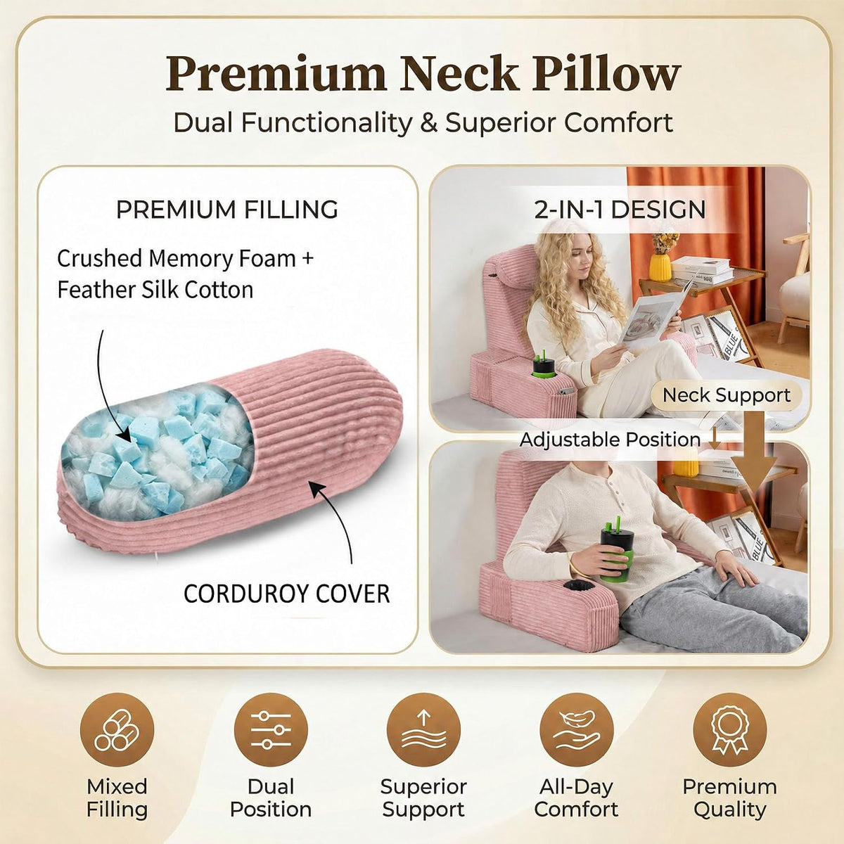 21 INCH Reading Pillow for Adults, Back Pillow for Bed Sitting Up, Backrest Pillow for Sitting in Bed, Detachable Arms with Built-in Cup & Phone Caddy (Gray, 21 INCH)