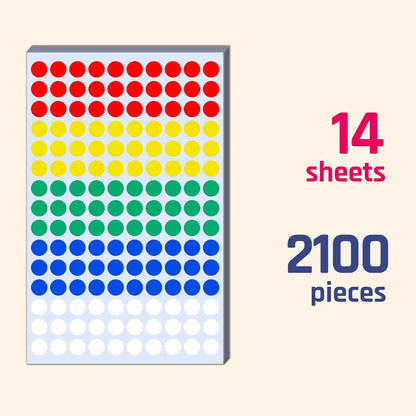 2100 Pack - 0.4" Colored Dot Stickers, Small Round Circle Labels - 5 Colors