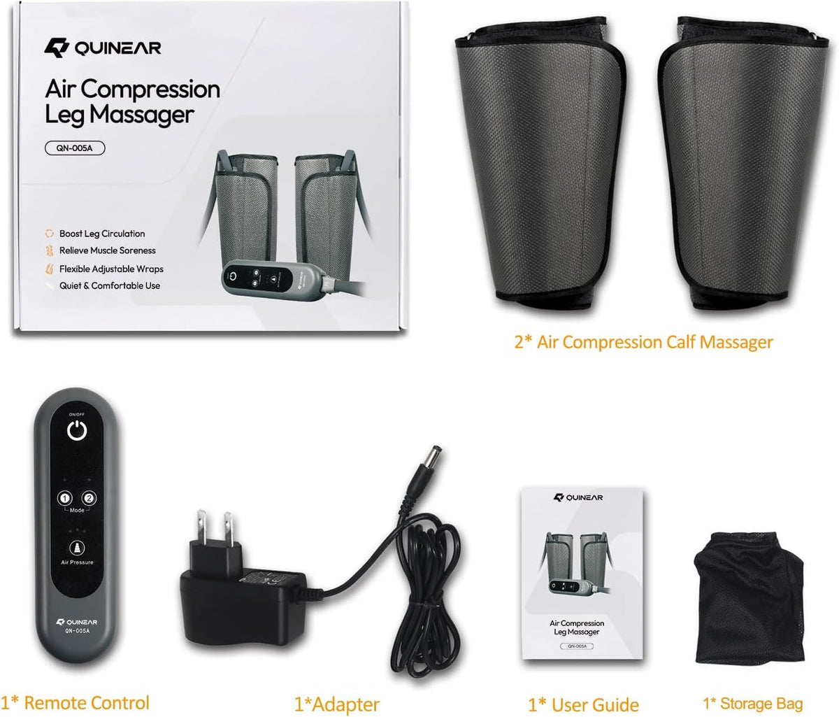 QUINEAR Air Compression Leg Massager for Circulation & Pain Relief, Calf Massagers with 2 Modes & 3 Intensities, Sequential Compression Device (SCD) for RLS, Edema, FSA-HSA - Ideal Gift