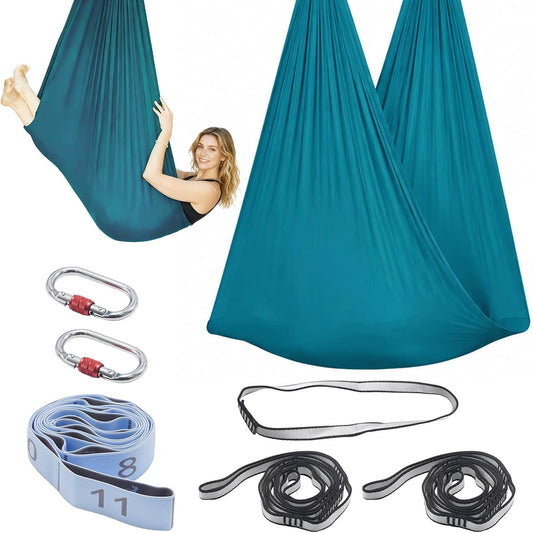 Blue-Green Gradient & Dark Green Aerial Yoga Hammock (400x180 cm / 157"x71"), Soft Silk Swing for Anti-Gravity Yoga, Inversion Therapy, Ideal for Strength, Flexibility Training and Stress Relief
