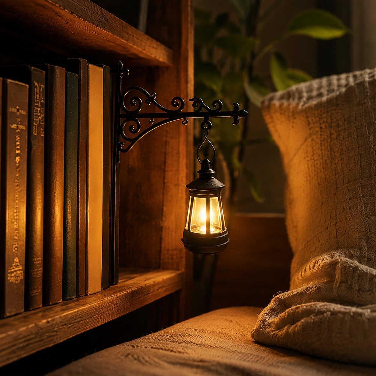 Library Lantern-Decorative Bookshelf Lighting, Mini Bookshelf Lamp Slides Between Books, Warm Amber LED Bookshelf Lights for Book Nook, Shelf Decor Gift for Book Lovers(Classic Lantern)