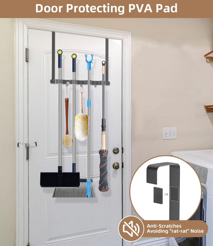 Broom Holder Over The Door with Hooks -304 Stainless Steel (Black) | Save Space, Anti-Rust & Sturdy, Mop and Broom Holder Wall Mounted or Hanging Over The Door, for Garage Laundry Kitchen