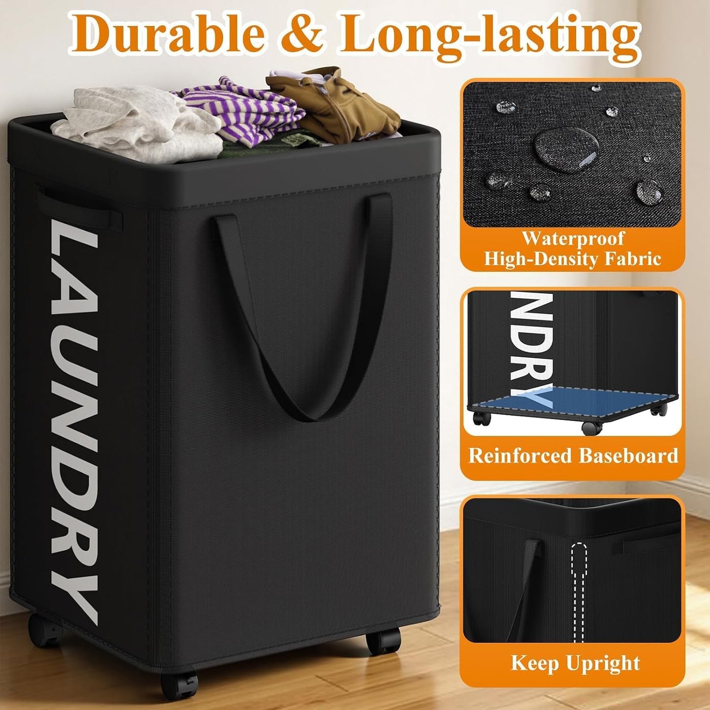 Optish Laundry Basket with Wheels, 90L Rolling Laundry Hamper with Wheels, Large Clothes Hamper on Wheel with Removable Mesh Bag for Bedroom, Dorm Room Essentials, Black