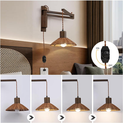 maesta Plug in Wall Lamp, Wood Swing Arm Wall Sconce for Bedroom | Swing Arm Wall Lamp, Natural Wood Finish with Corded Plug In Design, Dimmable Switch and Bulb Included for Bedroom Bedside