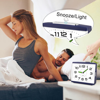 DTKID Large Alarm Clock for Bedside, Silent Non-Ticking Analog Clock with Night Light, Battery Powered, Gradually Increasing Alarm for Heavy Sleepers, Seniors