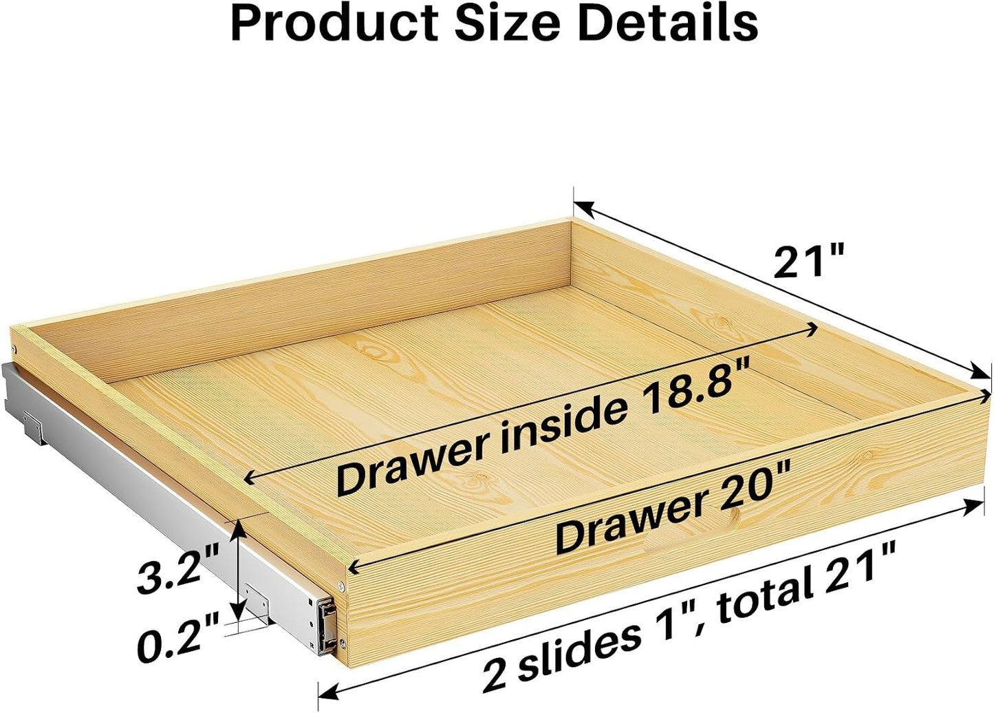 Pull Out Cabinet Organizer, Soft Close Wooden Slide Out Drawers for Pots and Pans, Full-extension Roll Out Shelves for Kitchen Cabinets, Pantry Organization, Bottom & Side Mount(15"W X 21"D x 3.4''H)