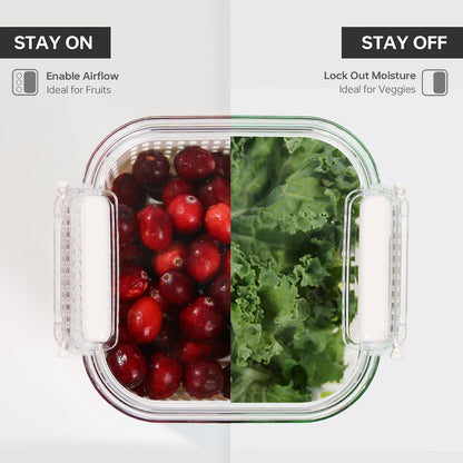 Felli Duo Fresh Produce Saver for Fridge, Fruit Vegetable Container with Vent & Drainage in Bottom for Wash, Colander Strainer Storage Bin for Refrigerator, Berry Lettuce Keeper