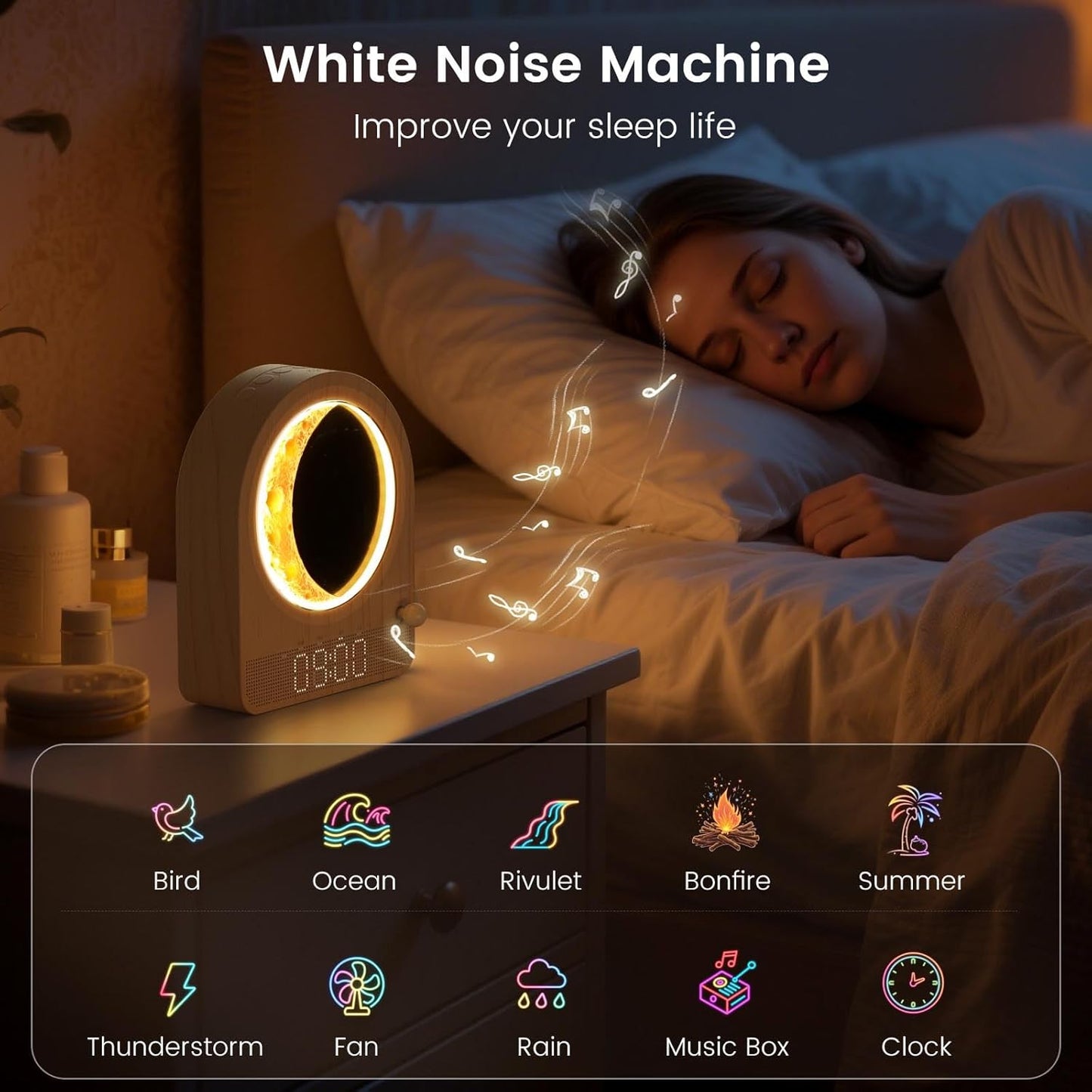 Sunrise Alarm Clock, White Noise Machine, Wood Grain | 10 Soothing Sounds, Dual Alarms, 30/60/90min Timer, Easy Snooze, Bedroom Gift for Insomnia Adults/Women