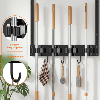Broom Holder Wall Mount with Shelf, 15.7" Wx6.7 Dx15.7 H, 1 Pack | Load 66LBS, 4 Mop Hanger Grippers, 3 Hooks, for Laundry Room, Garage, Utility Closet, Kitchen