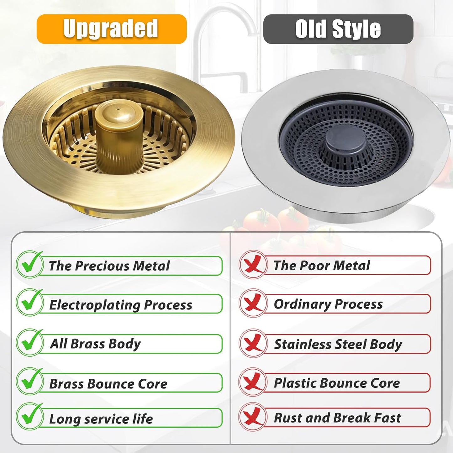 Anlige Kitchen Sink Drain Strainer, 3 in 1 Pop Up Kitchen Sink Stopper, with An Extra Basket Strainer, Universal for US Standard 3-1/2 Inch, Chrome Silver