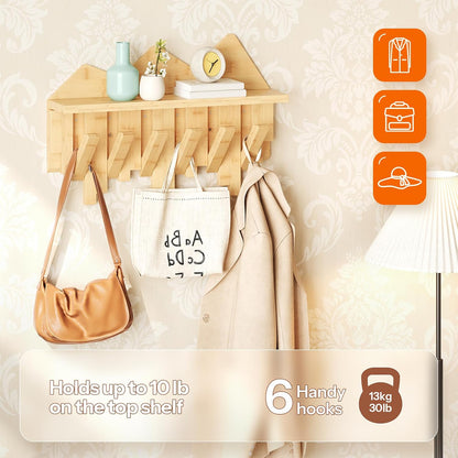 HOOBRO Wall Hooks with Shelf, Coat Rack with Shelf Wall-Mounted, Entryway Wall Key Holder, Hat Rack for Walls, Purse Hanger for Wall, Entryway Hanging Shelf with 6 Retractable Pegs, Black BK46YM01