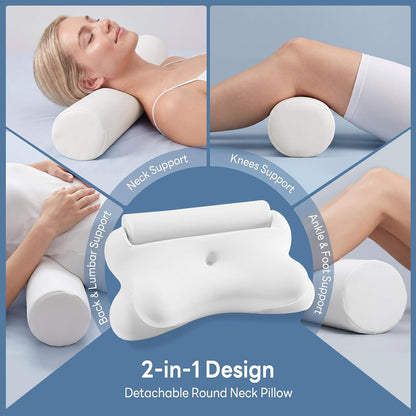 DUMOS 2-in-1 Contoured Neck Pillow, Slow Rebound Cooling Memory Foam with Detachable Round Support Roll, Multi Support Bolster for Neck Waist Ankle, Washable Cover for Side Back Stomach Sleepers White