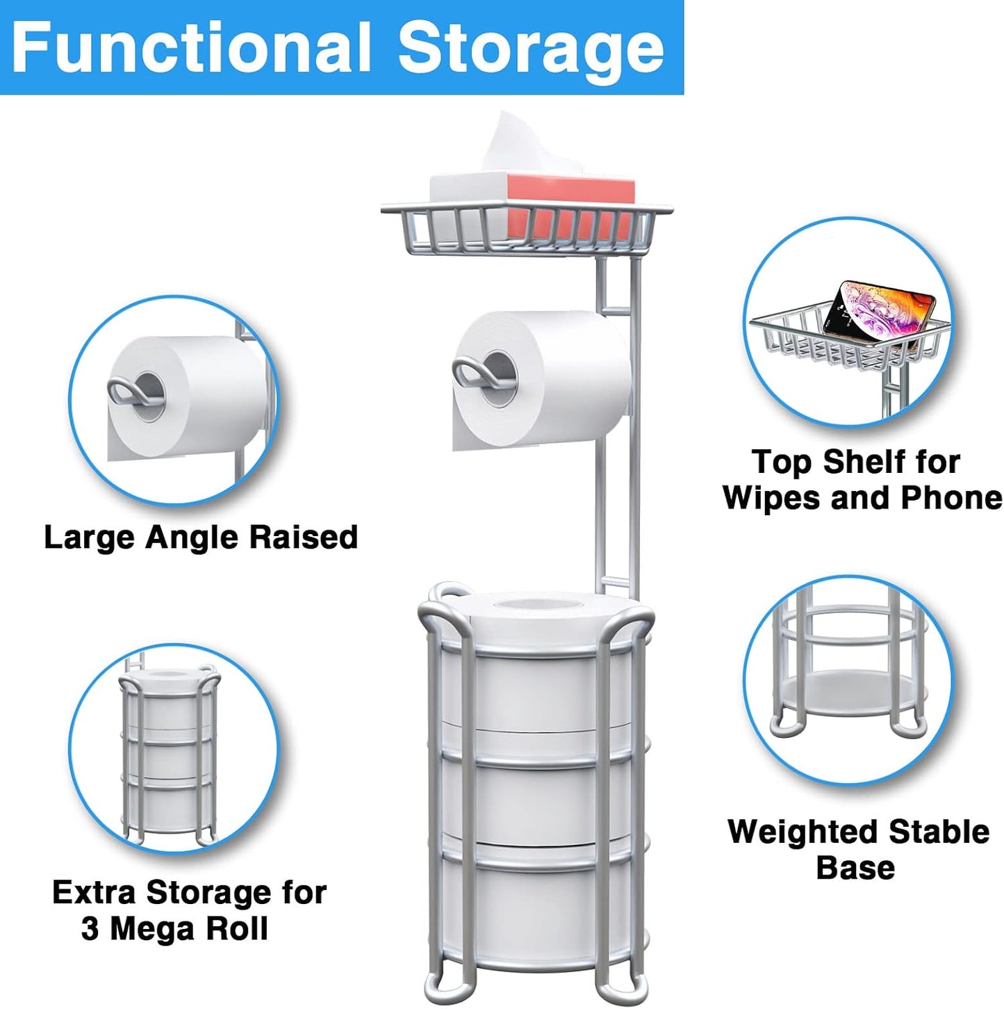 Toilet Paper Holder Stand with Shelf, Free Standing Tissue Roll Storage Rack with Dispenser for Bathroom, Black