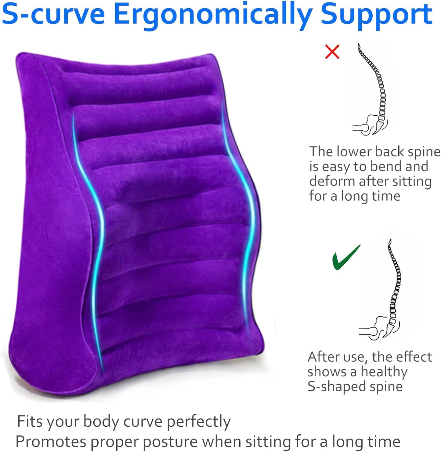 Inflatable Lumbar Pillow for Airplane Travel, S-Curve Lumbar Support Pillow | Ergonomic Back Support Cushion for Office Chair, Car, Couch, Driving Seat, Long Flight, Portable, Lightweight, Purple