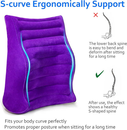Inflatable Lumbar Pillow for Airplane Travel, S-Curve Lumbar Support Pillow | Ergonomic Back Support Cushion for Office Chair, Car, Couch, Driving Seat, Long Flight, Portable, Lightweight, Purple