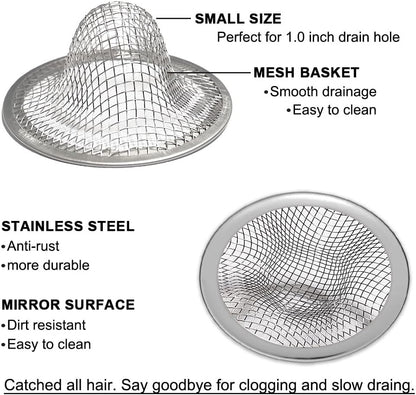 1.0" Small Drain Strainer, Sink Drain Hair Catcher, Bathroom Sink Drain Strainer, 2PCS Drain Mesh Baskets for Laundry, Mop Pool, Utility, Slop, RV Sink, Stainless Steel Drain Filter