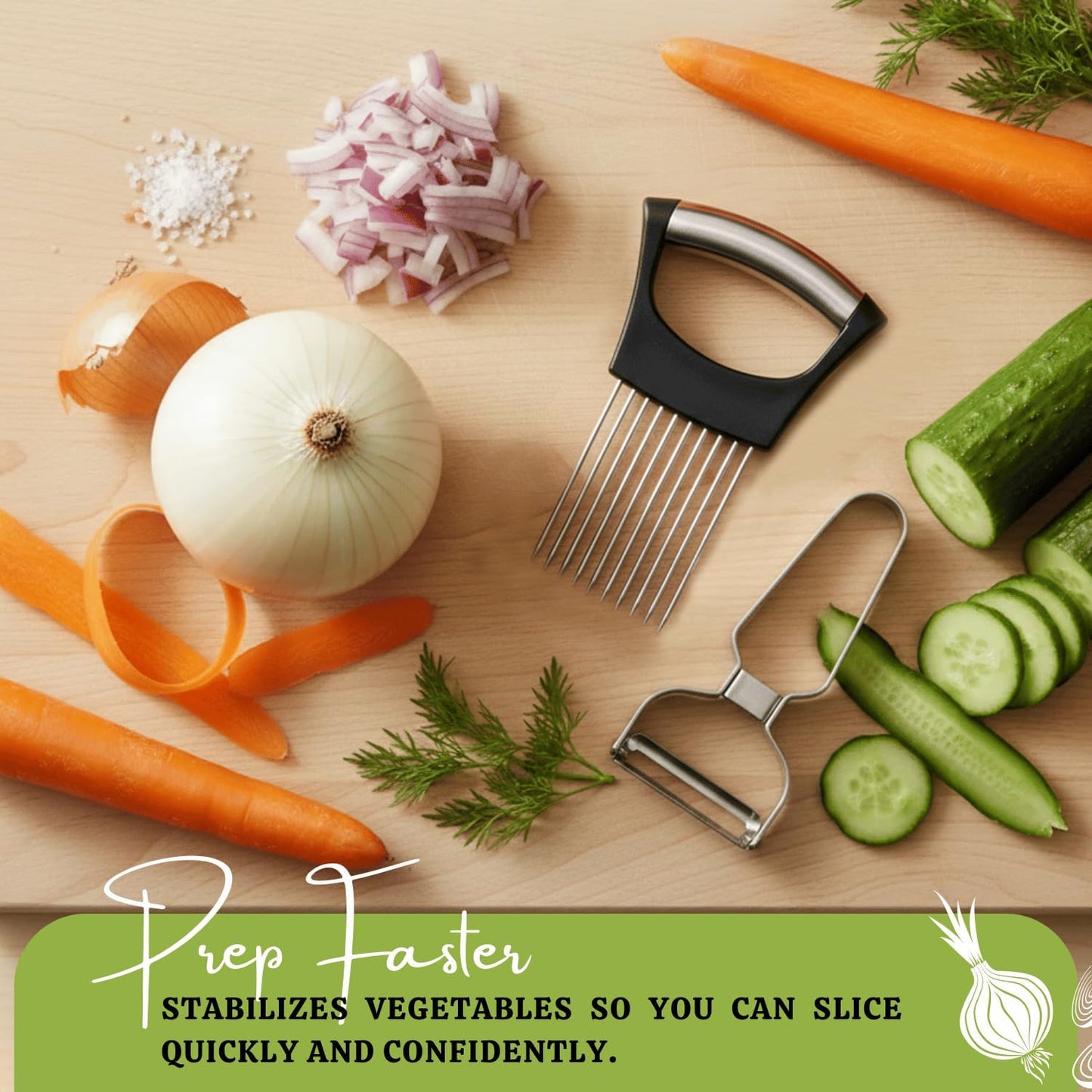 Onion Holder for Slicing, Stainless Steel Onion Cutting Guide with Finger Protector – Vegetable Prep Tool with Bonus Peeler for Safe, Even Slices