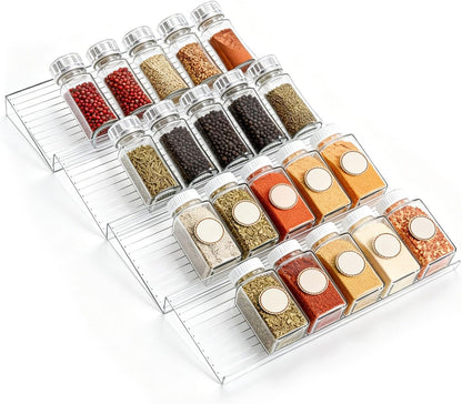 4 Pack Spice Drawer Organizer, Acrylic Spice Rack Expandable From 9" to 18", Clear Seasoning Organizer Tray for Kitchen Holds up to 24 Jars (Jars Not Included)
