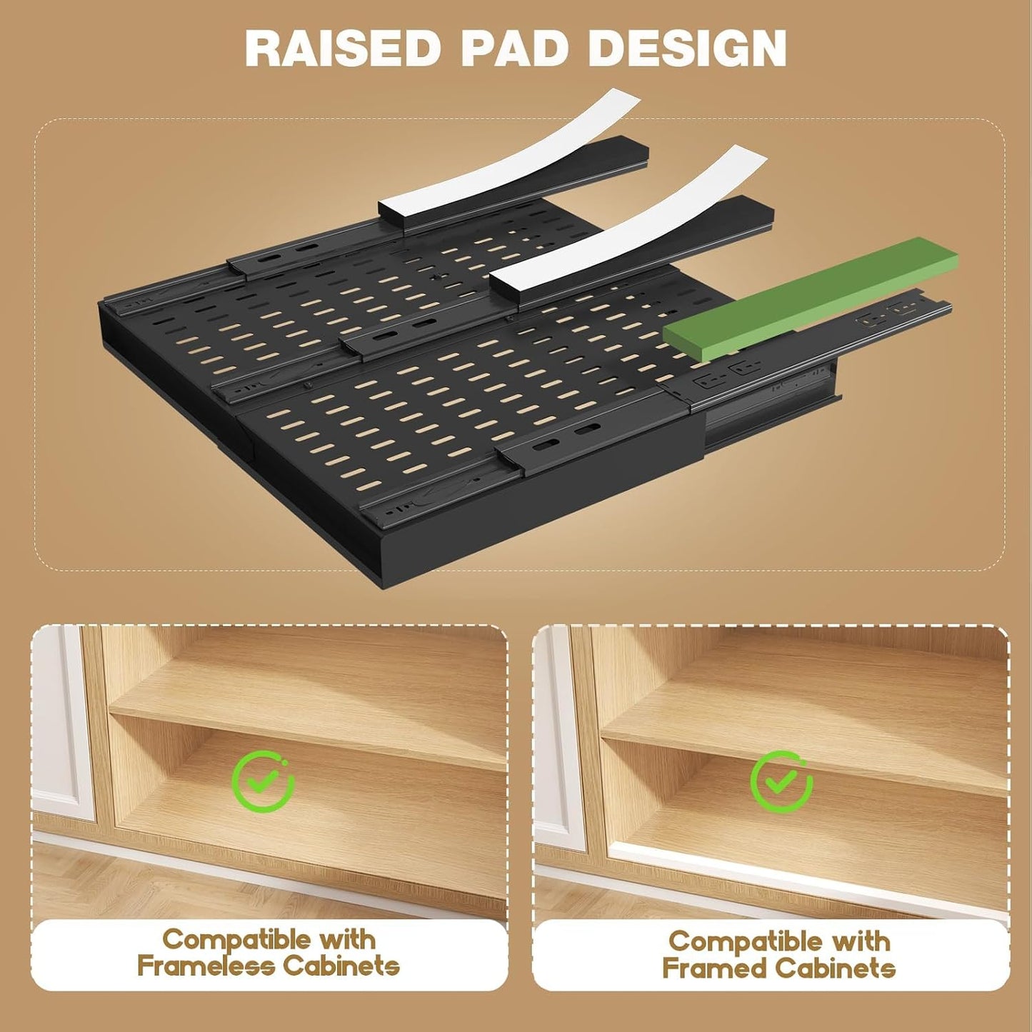 Seinloes Pull Out Cabinet Organizer, 4-Side Expandable to Fit Most Cabinets, 3 Rail Slide Out Drawers with Raising Pad for Framed & Frameless Cabinets, 13"-21" W x 17"-24" D, White, 2 Pack