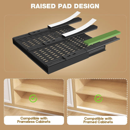 Seinloes Pull Out Cabinet Organizer, 4-Side Expandable to Fit Most Cabinets, 3 Rail Slide Out Drawers with Raising Pad for Framed & Frameless Cabinets, 13"-21" W x 17"-24" D, White, 2 Pack