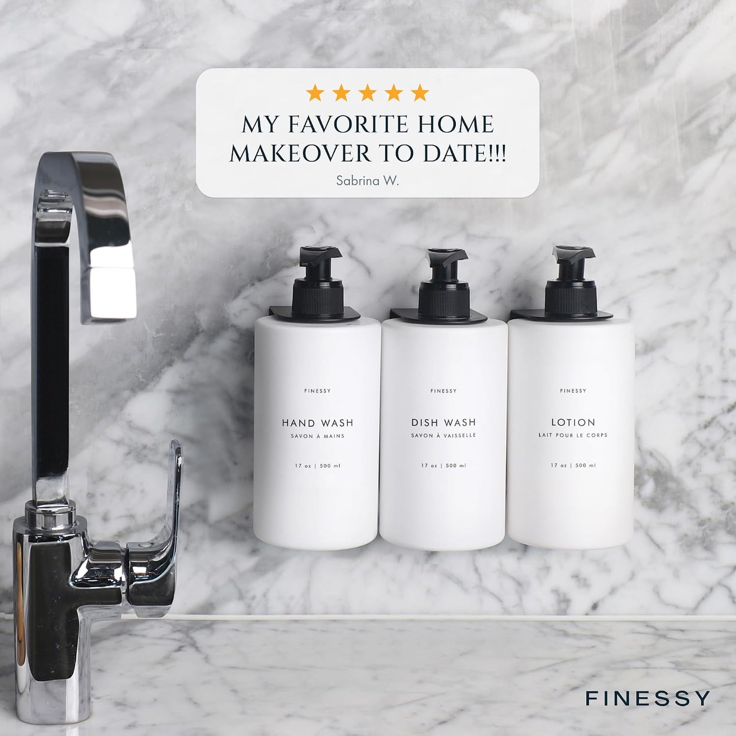 FINESSY Amber Shampoo and Conditioner Dispenser for Shower Wall No Drill | 3 Plastic 17oz Fillable Shower Bottles With Labels. Shower Shampoo Dispenser Wall Mounted. Airbnb Empty Soap Pump Bottles.