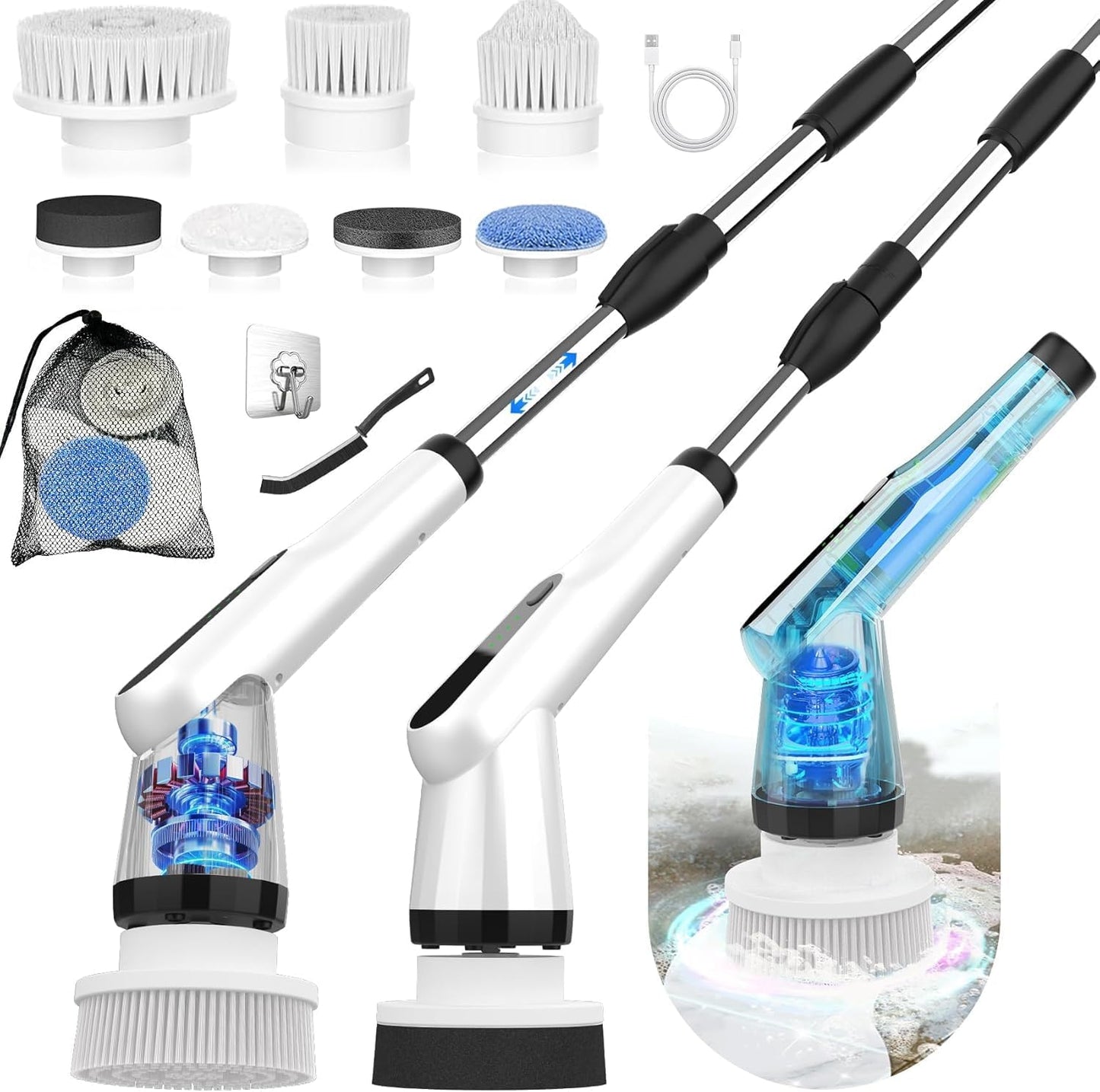 WKY-Electric Spin Scrubber - 10-in-1 Cordless Shower Scrubber & Cleaning Brush with Extendable Handle, 42 in-lbs Ultra High Torque, 2 Speeds, IPX7, LED Display, Smart AI Chip, for Bathroom, Kitchen