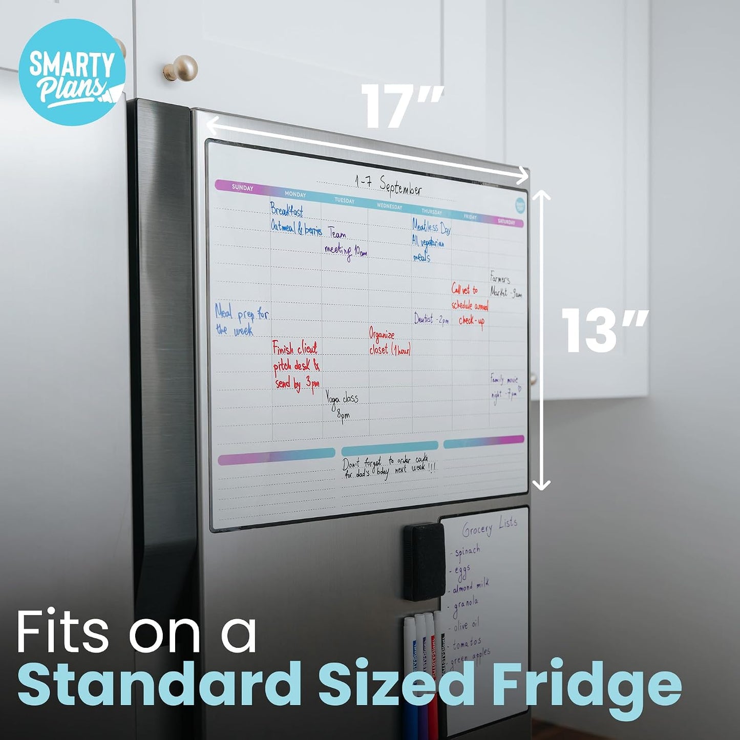 Dry Erase Weekly Extra Thick Magnetic Calendar for Refrigerator: 17x13 Two Week Planner and 6x9 White Board, 4 Fine Tip Markers and Eraser. Stain Resistant. Shipped Flat. (Monthly Planner)
