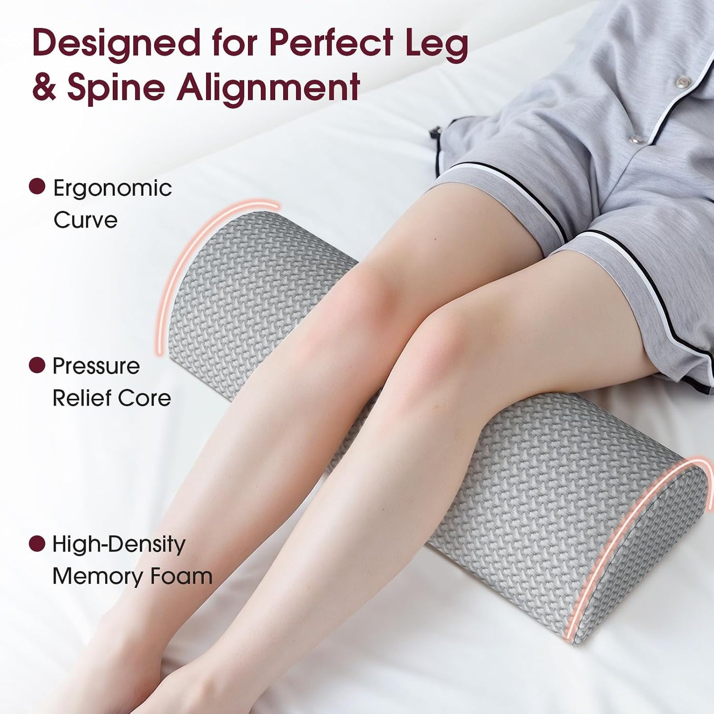 TranquilRelax Knee Pillow for Back Sleeping Memory Foam Half Moon Bolster Pillow for Legs, Under Knee Support, Ankle & Foot Comfort Orthopedic Pillow for Side Sleepers (White, 20.4" x 8" x 4.9")
