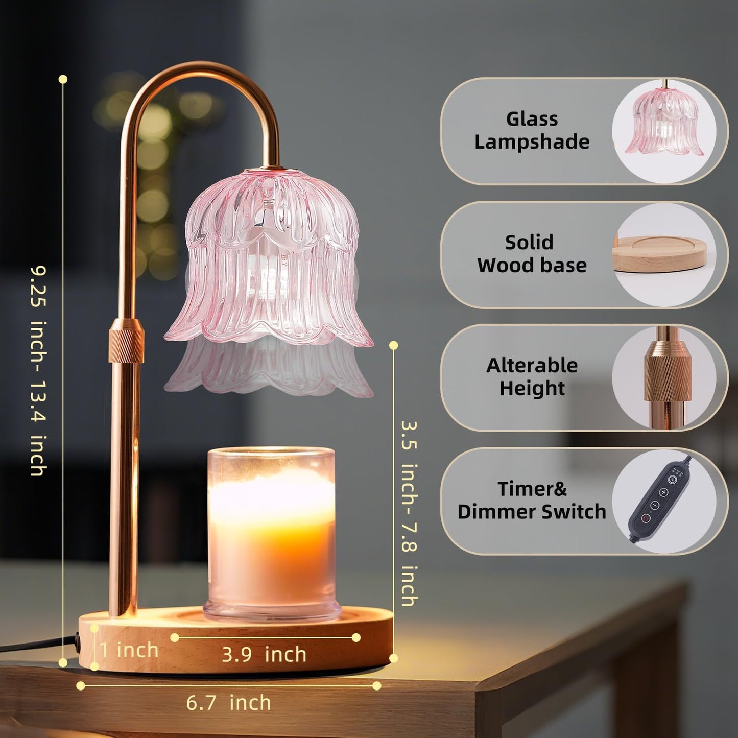 CRMILL Candle Warmer Lamp with Timer: Adjustable Dimmable Height Adjustable Warming - Flower Shape Wax Lamp Jar Candles No Flame Modern Home Decor Table Lights - Home Living Bedroom