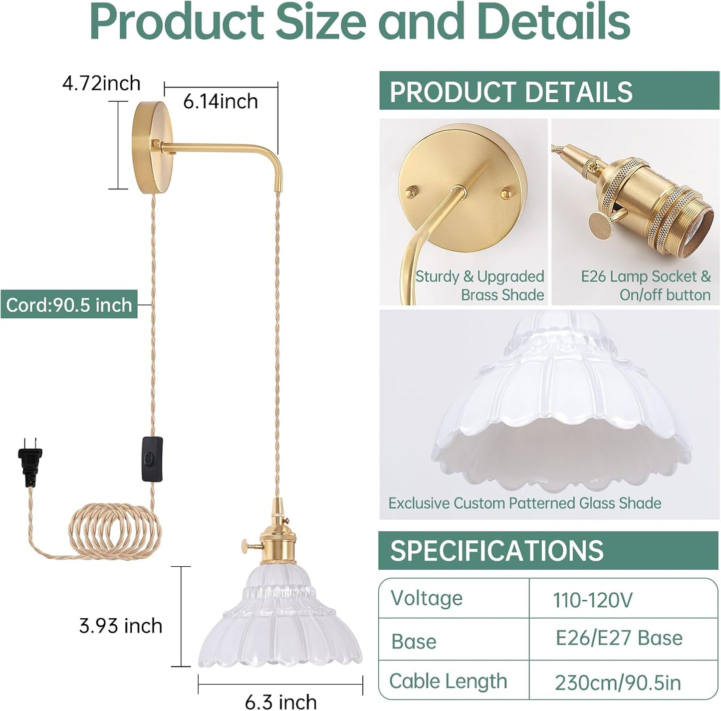 Shenmoyl Battery Operated Wall Sconce Wall Lamp with Green Lily of the Valley Shade Pattern Glass Adjustable Chain Retro Gold Wall Mounted Light, Modern Wall Lamp Fixtures Decor for Bedside Bedroom