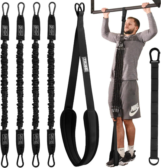 Pull Up Assistance Bands Set with 4 Levels, Adjustable Strap and Foot Rest | 50–200 lb stackable pull-up assistance, nylon-sleeved bands, adjustable support, reduced snap-back risk