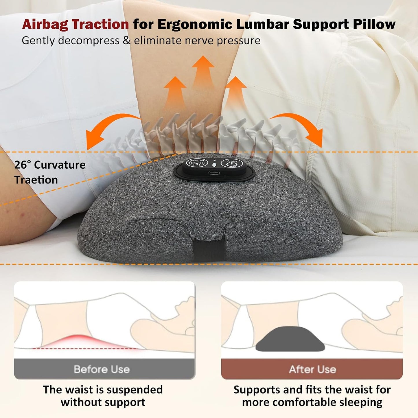 3-in-1 Rechargeable Smooth Spine Triple Fusion Back Massager | Sciatica Pain Relief Devices for Pain Relief Deep Tissue with Heat, Massage, Traction for Sleeping, Office, Car, Home