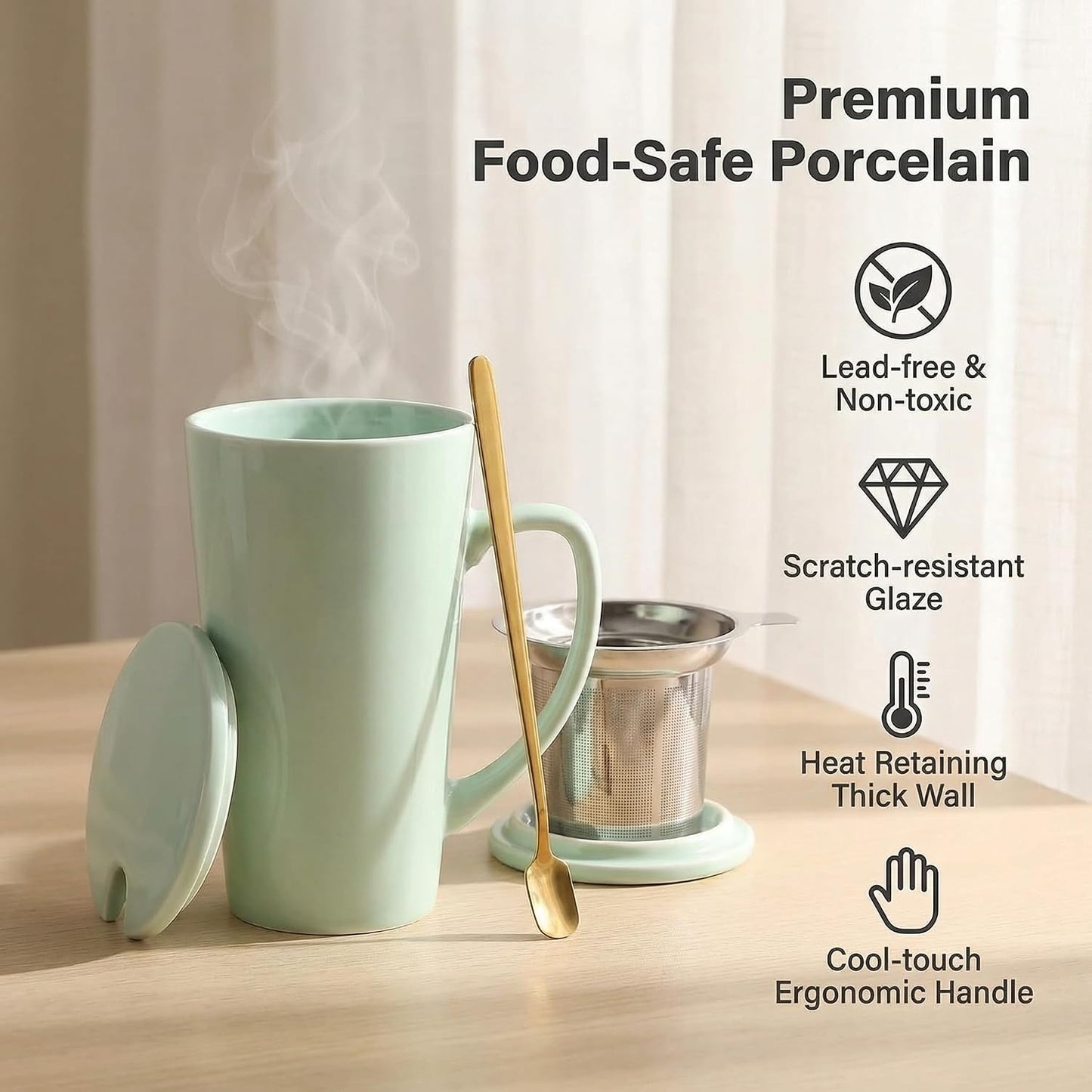 15 Ounce Porcelain Tea Mug with Infuser, Lid and Spoon, Loose Leaf Tea Cup (Mint Green)