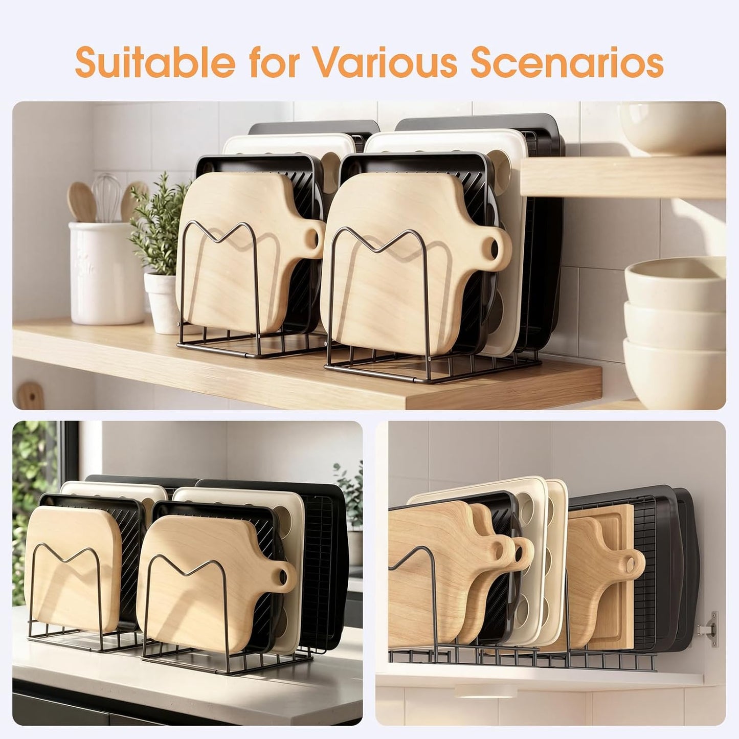 5mm Wire Cutting Board Organizer Holder Stand for Cabinet Countertop | Full silicone strip, no slipping or scratches, 1.2" slot spacing, Holds cutting boards, sheet pans, skillets inside Cabinet