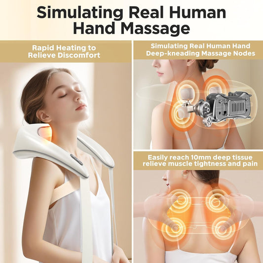 Bear Shiatsu Neck and Back Massager with Heat: Cordless Deep Tissue Neck Shoulder Massager for Pain Relief Portable 4D for Home Office & Car Use - Gifts for Women Men Mom Dad