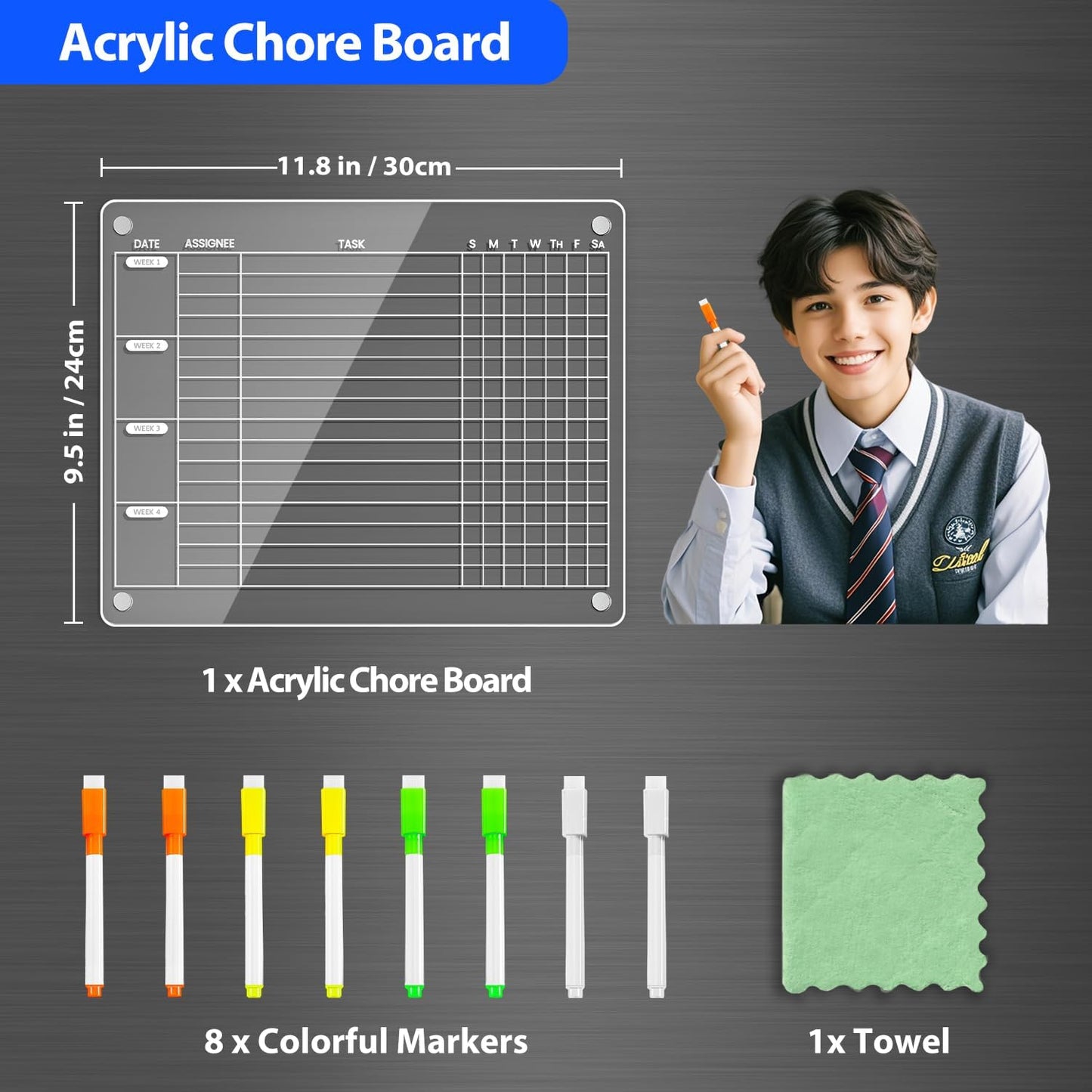 PigPotParty Acrylic Magnetic Chore Chart for Kids, 12x9.5 Inch, 2 Pack | Sleek Clear Acrylic Design, Reward System Builds Habits, Built-In Magnets Require No Installation, 8 Wet-Erase Markers