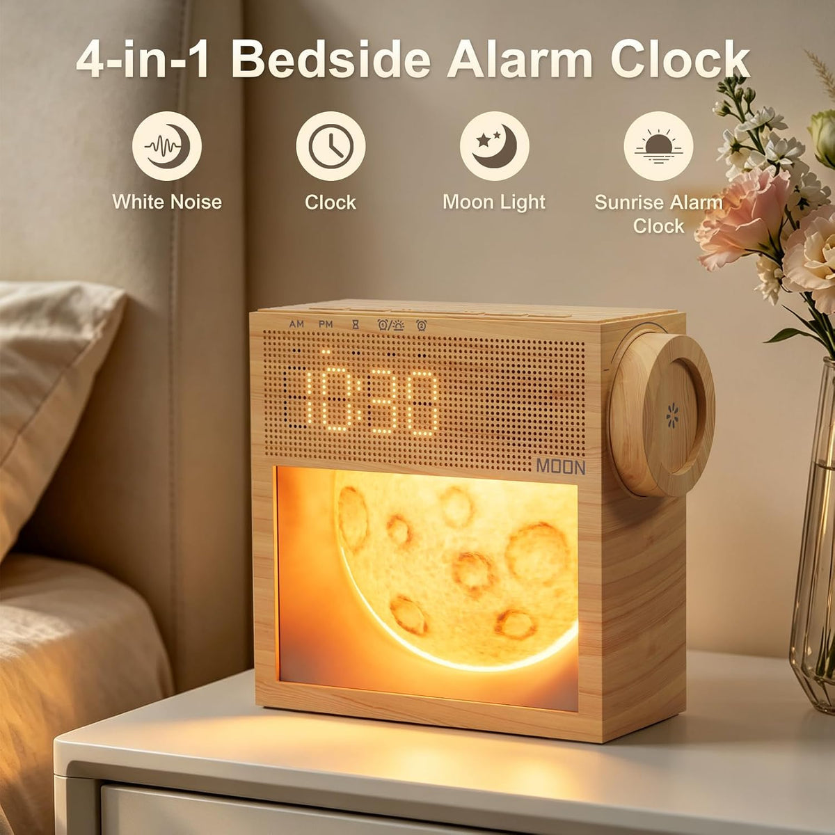Sunrise Alarm Clock, White Noise Sound Machine, Bedroom Dimmable Moon Lamp