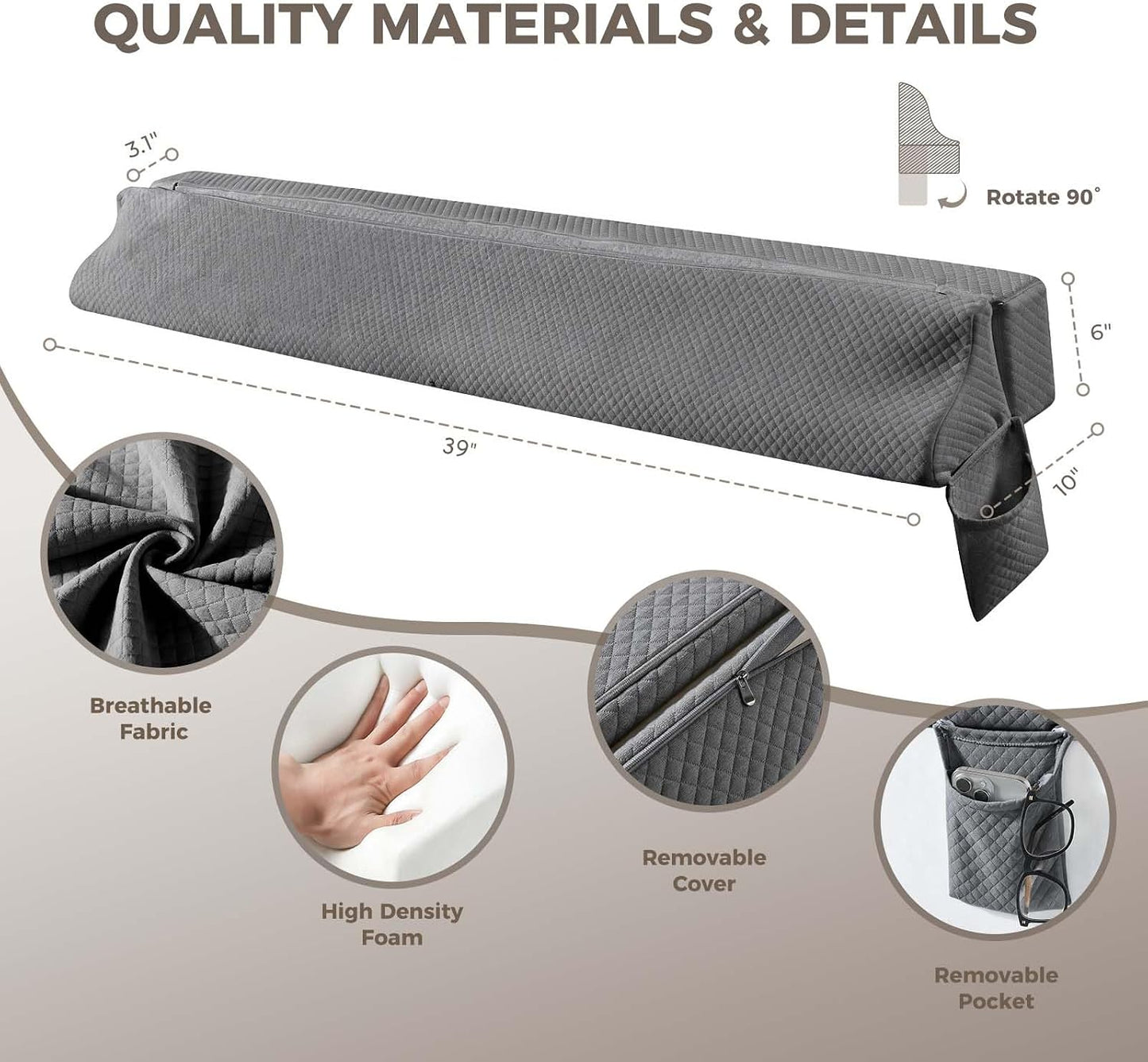 Bed Wedge Gap Filler Queen Size, Wedge Pillow for Headboard Gap, 60×10×6 in | Foldable Mattress Gap Filler, Close The Gap (0–7"),Between Headboard and Mattress, Bed Crack Pillow, White