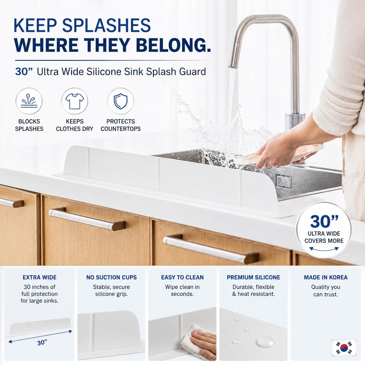 30 inch(75cm) Premium Kitchen Sink Silicone Water Splash Guard SIZE UPGRADE 30" and new package - NO Suction Cups, Ultra Wide 30" - Made in Korea (Ultra Wide Eco Gray)